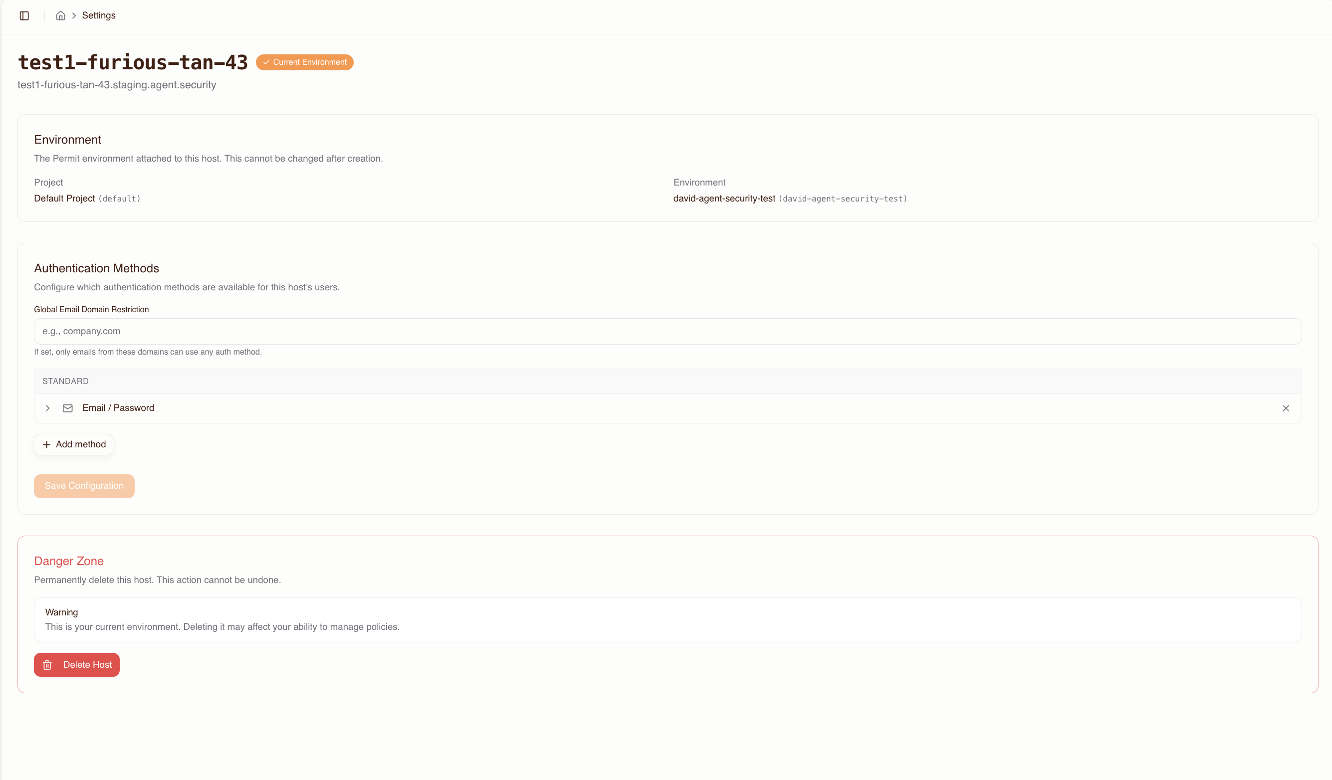 Host settings — authentication methods