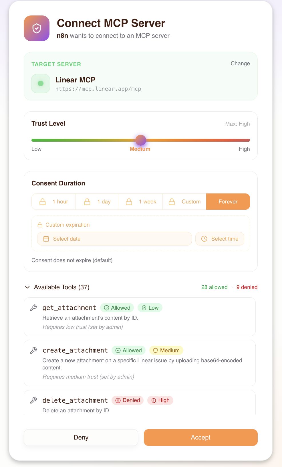 Tool import screen with trust level assignment